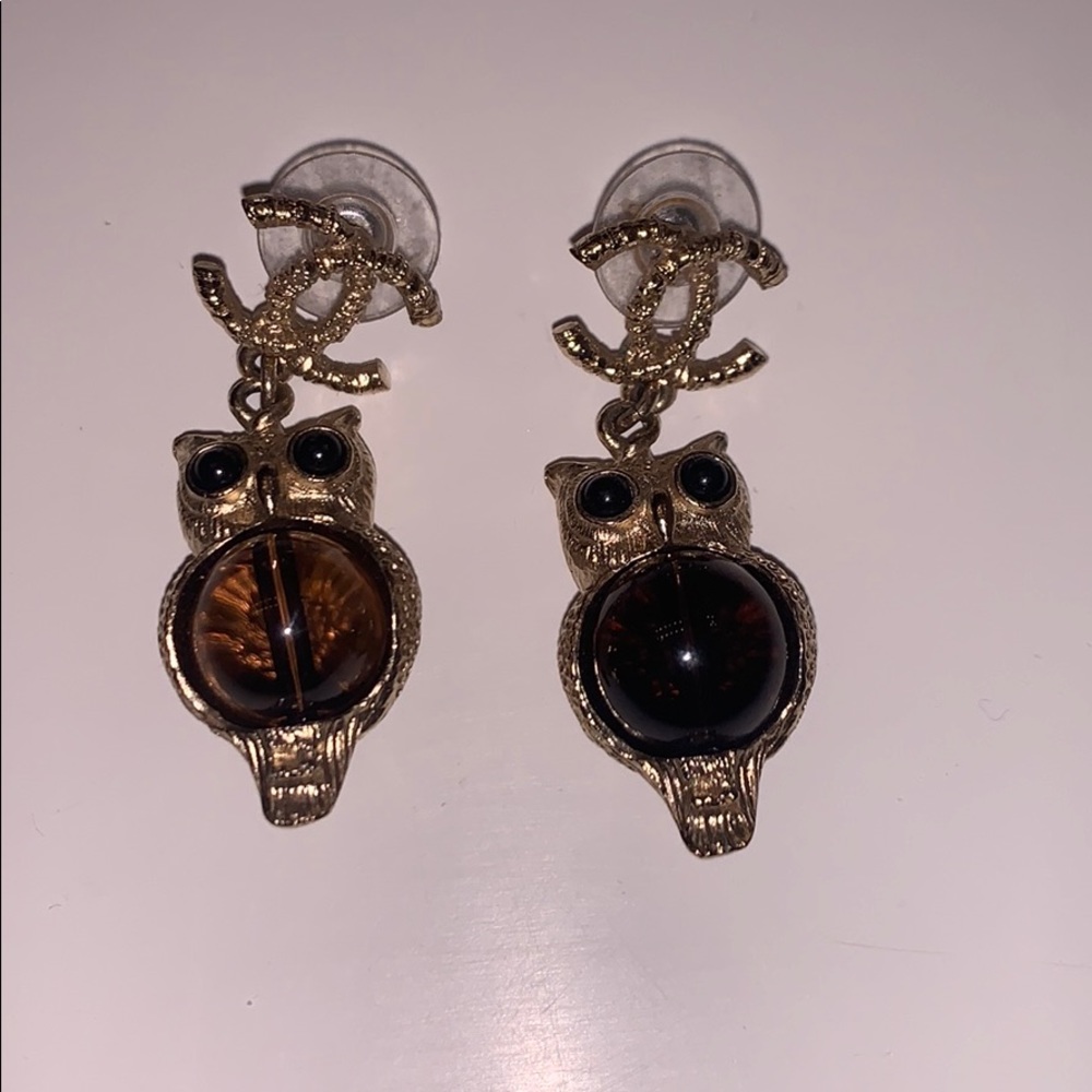 AUTHENTIC Chanel gold and black owl earrings